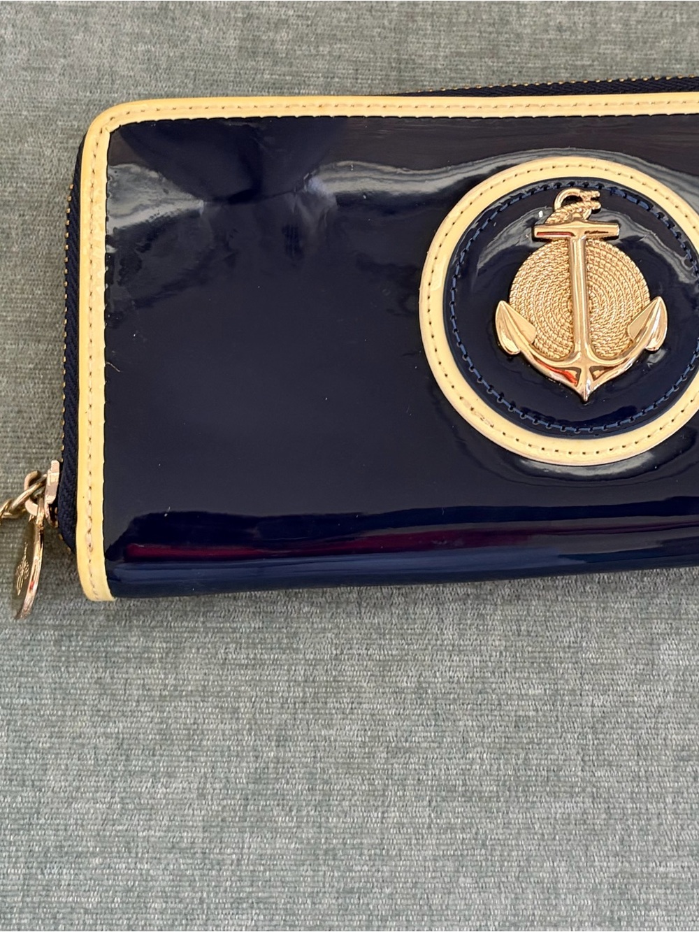 Navy Patent Anchor Zip-Around Wallet with Cream Trim